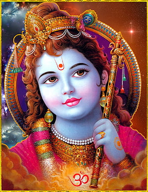 Shri Krishna Portrait With Flute And Ornate Crown Against Cosmic Background HD phone wallpaper