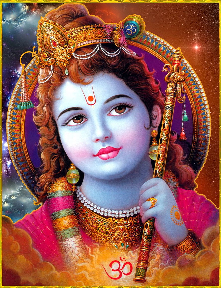 Shri Krishna Portrait With Flute And Ornate Crown Against Cosmic Background HD phone wallpaper