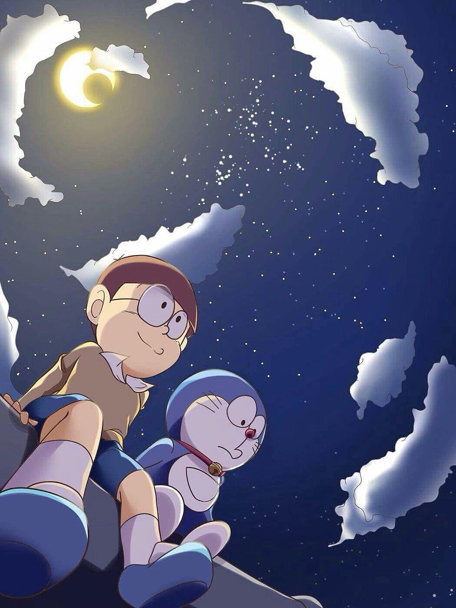Nobita and Doraemon Sitting Under a Starry Night Sky with Crescent Moon HD phone wallpaper
