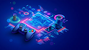Neon Isometric Gaming Setup Featuring Controller, Laptop, and AI Data Visualization HD wallpaper