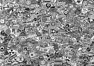 Black and White Sticker Bomb Collage Wallpaper Featuring Skate and Street Culture Brands HD wallpaper