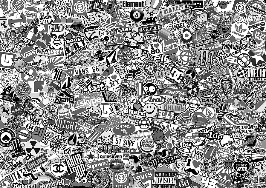Black and White Sticker Bomb Collage Wallpaper Featuring Skate and Street Culture Brands HD wallpaper