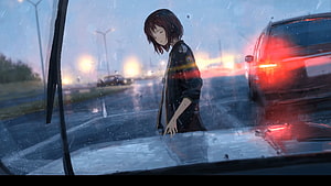 Anime Girl Standing in Rainy Street Scene with Car Headlights and Wet Road HD wallpaper
