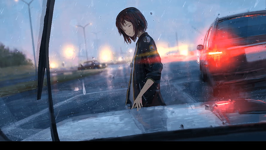 Anime Girl Standing in Rainy Street Scene with Car Headlights and Wet Road HD wallpaper