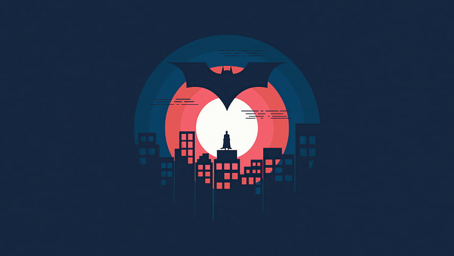 Batman Minimalist Cityscape with Bat Symbol and Silhouette, Batman, minimal art HD wallpaper