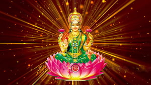 Goddess Lakshmi Sitting on a Pink Lotus with Golden Rays and Sparkles HD wallpaper