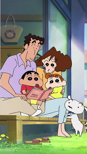 Crayon Shin-chan Family Reading Book Together on Porch with Shiro HD phone wallpaper