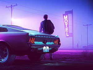 Retro Mustang and Driver at Neon Motel Under Purple Sky HD wallpaper