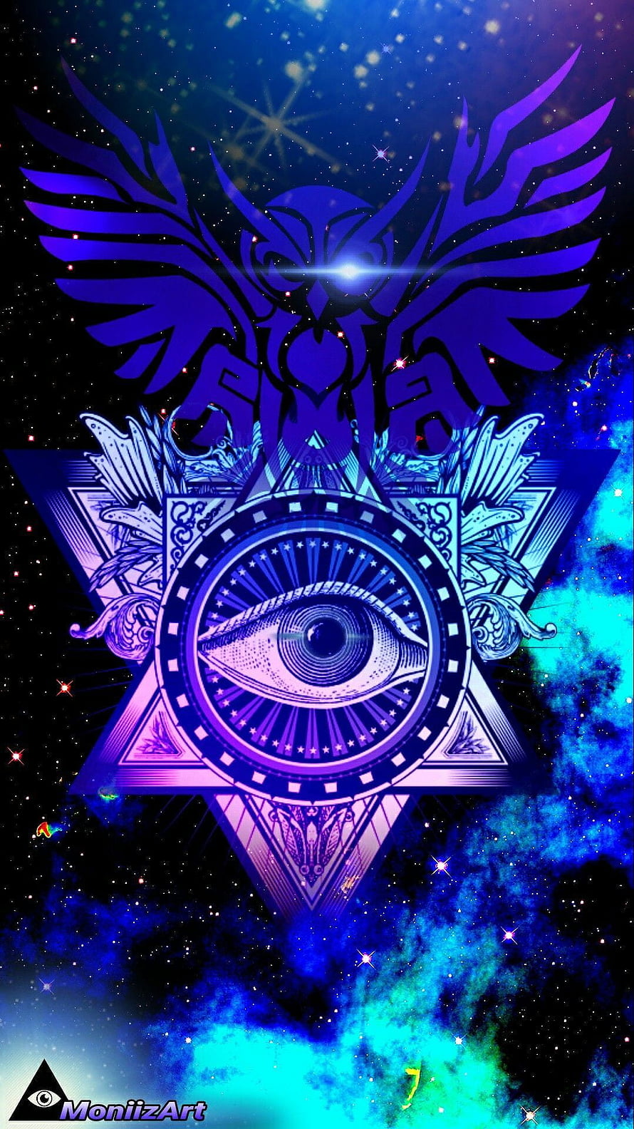 Mystical All-Seeing Eye Emblem with Angel Wings and Starry Cosmic Nebula Background HD phone wallpaper