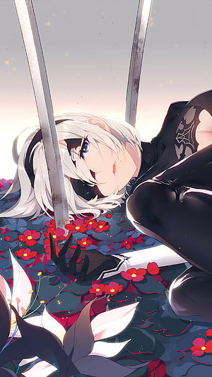YoRHa 2B from NieR Automata Reclining in a Field of Red Flowers and White Lilies HD phone wallpaper