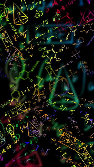 Neon Science Formulas and Chemical Structures on Black Background HD phone wallpaper