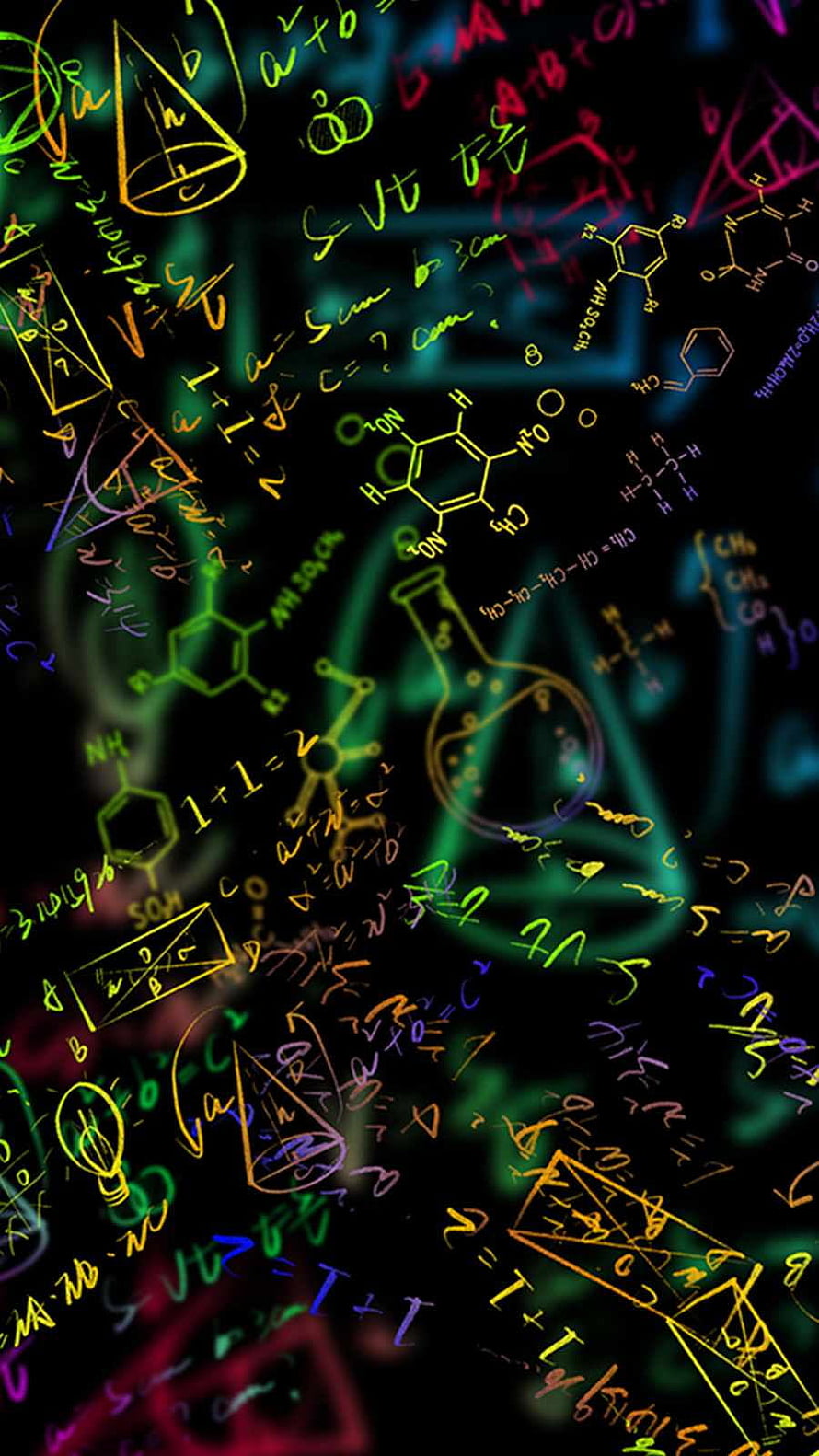 Neon Science Formulas and Chemical Structures on Black Background HD phone wallpaper