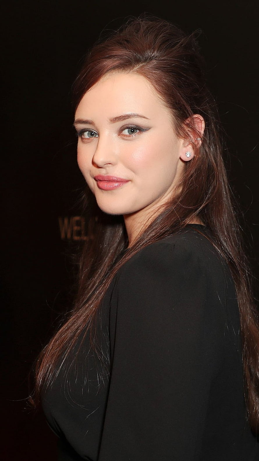 Katherine Langford Portrait in Black Dress with Elegant Makeup and Long Brown Hair HD phone wallpaper