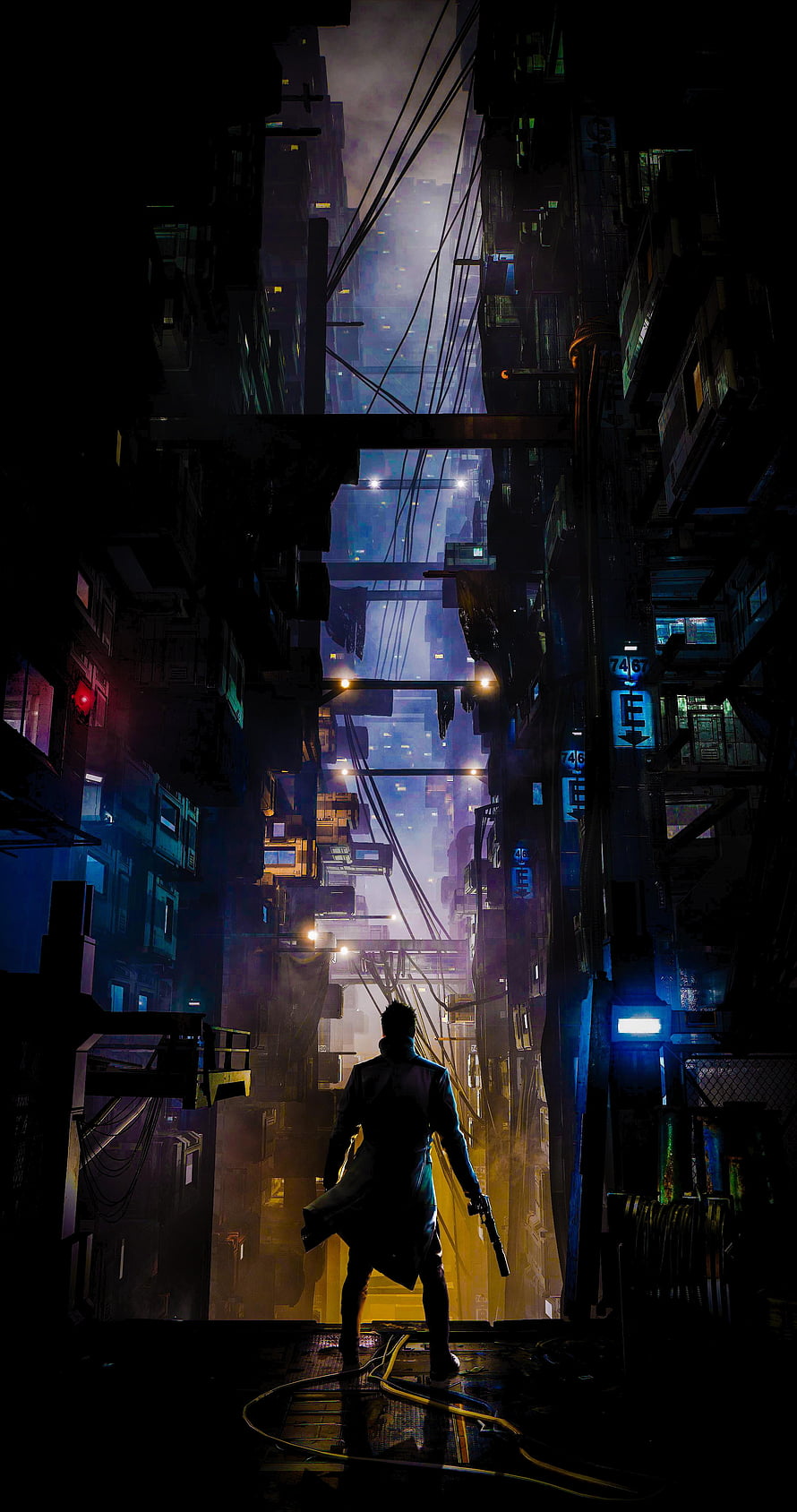 Cyberpunk Alleyway With Lone Figure In Trench Coat And Neon City Lights HD phone wallpaper