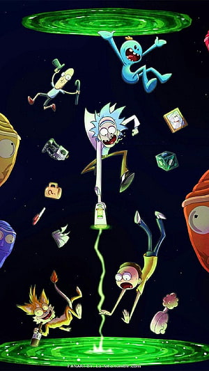 Rick and Morty characters floating through a glowing green portal in outer space HD phone wallpaper