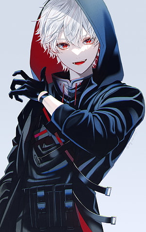 White-haired anime boy with red eyes wearing a dark hooded jacket and tactical gear HD phone wallpaper