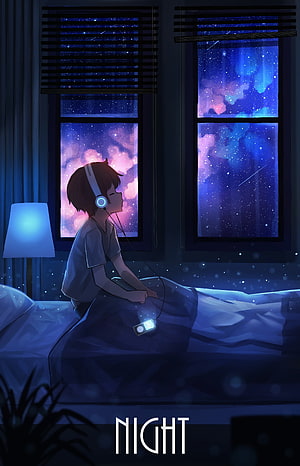 Anime Boy Listening to Music in Bed at Night with Starry Sky View HD phone wallpaper