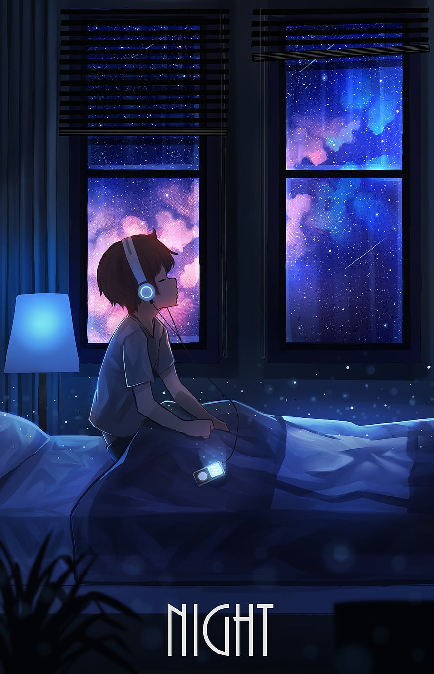 Anime Boy Listening to Music in Bed at Night with Starry Sky View HD phone wallpaper