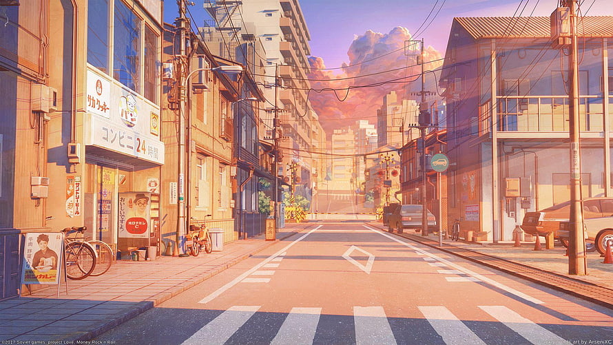 Money Rock n Roll Anime Street Scene at Sunset with Convenience Store and Cityscape HD wallpaper