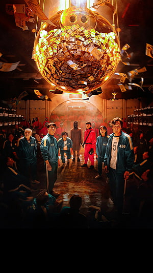 Squid Game Season 2 Concept Art with Giant Prize Ball and Contestants in Green Tracksuits HD phone wallpaper