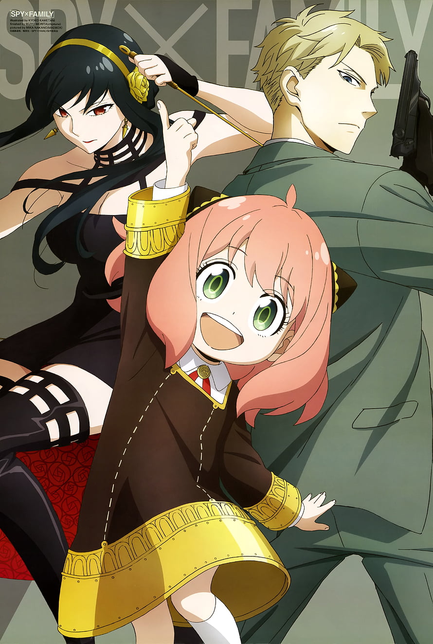 Spy x Family anime wallpaper featuring Anya Forger, Yor Forger, and Loid Forger in a dynamic group pose HD phone wallpaper