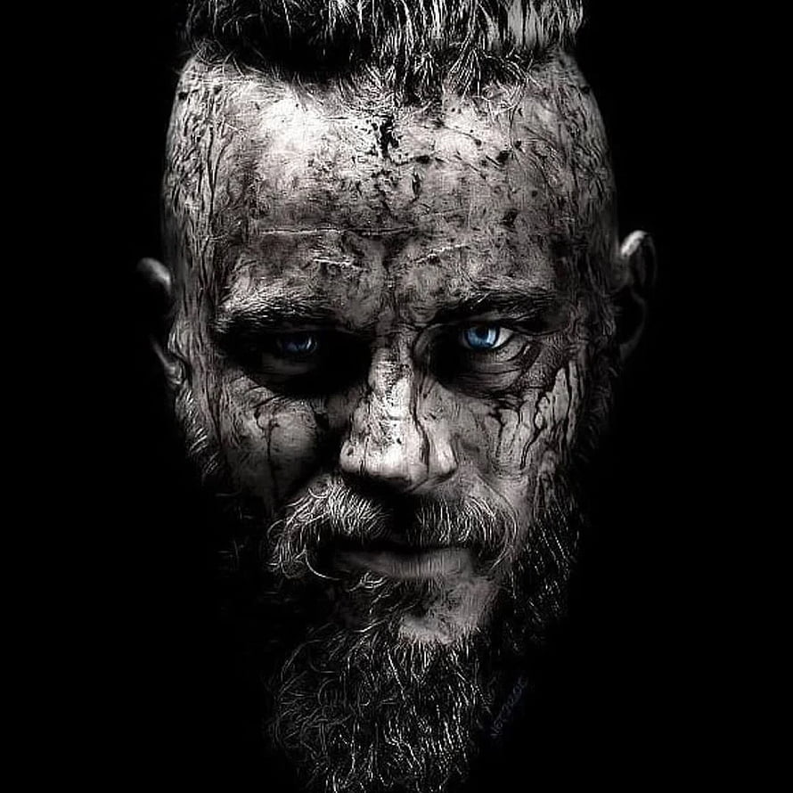 Ragnar Lothbrok Dark Portrait with Intense Blue Eyes and Weathered Beard HD phone wallpaper