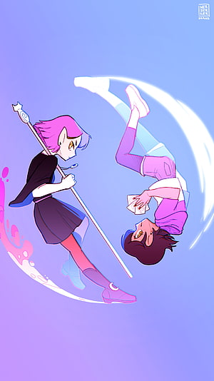 Amity and Luz from The Owl House in a Dynamic Floating Pose with Magic Staff HD phone wallpaper