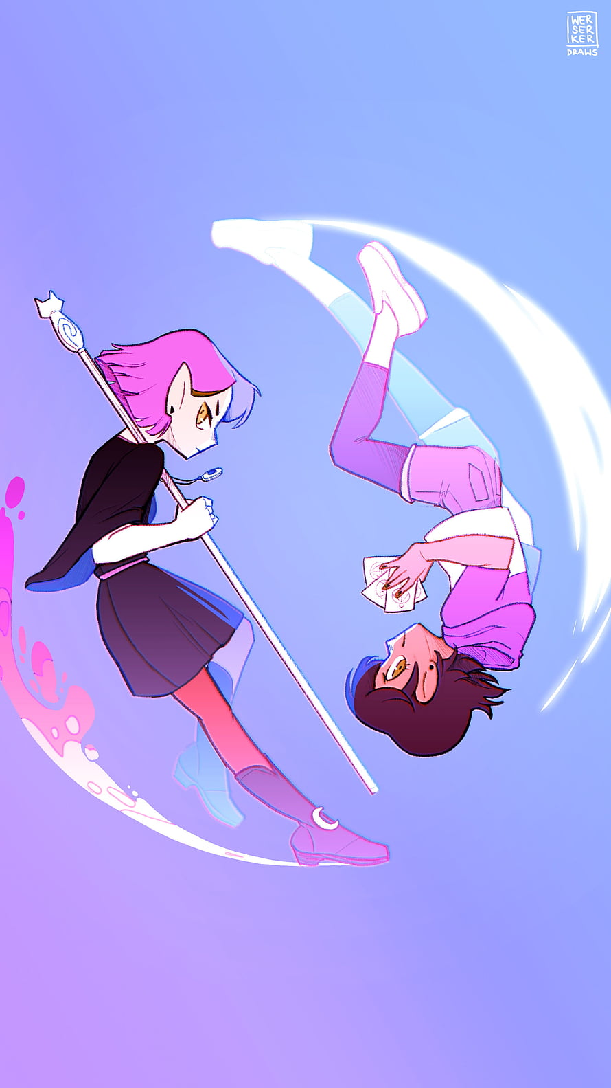 Amity and Luz from The Owl House in a Dynamic Floating Pose with Magic Staff HD phone wallpaper