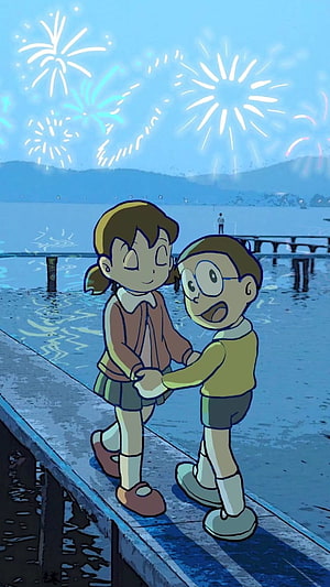 Doraemon and Shizuka holding hands on a pier watching fireworks at night HD phone wallpaper