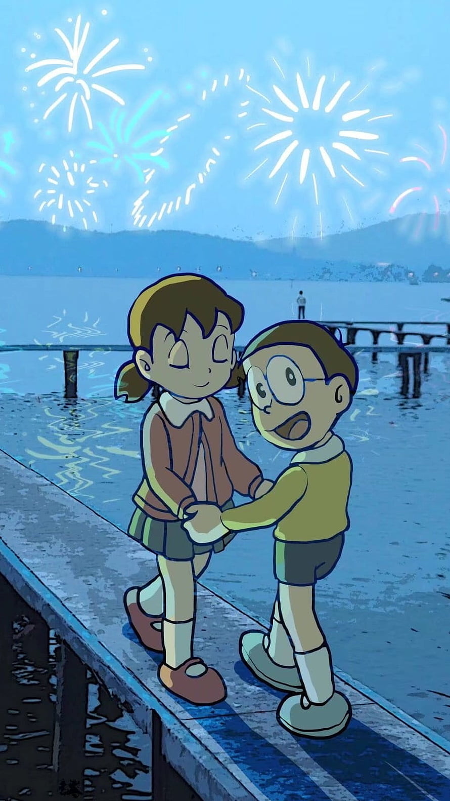 Doraemon and Shizuka holding hands on a pier watching fireworks at night HD phone wallpaper