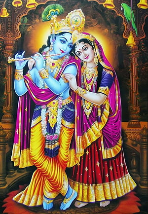 Radha Krishna Playing Flute Together in Traditional Indian Art Style HD phone wallpaper