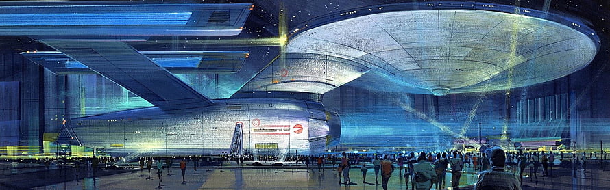 Star Trek Starship Docked at Futuristic Space Station Terminal HD wallpaper
