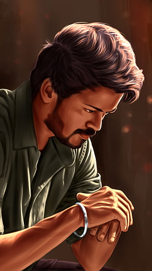 Portrait of a man with a beard and mustache wearing a green shirt and silver bracelet, looking down with a contemplative expression in warm lighting, Master Vijay, Sad Thalapathy HD phone wallpaper