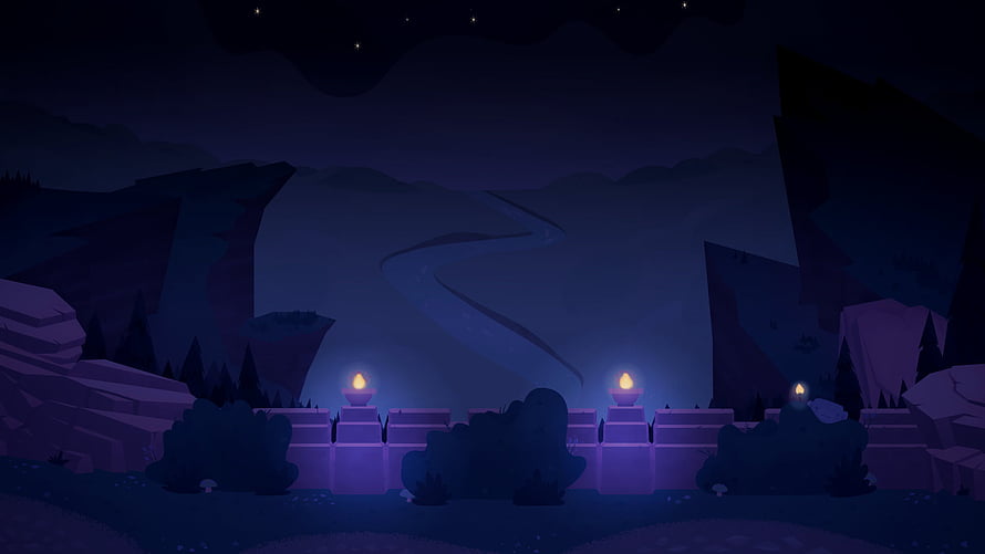 Mystical Nighttime Valley with Glowing Torches and Ancient Stone Wall HD wallpaper