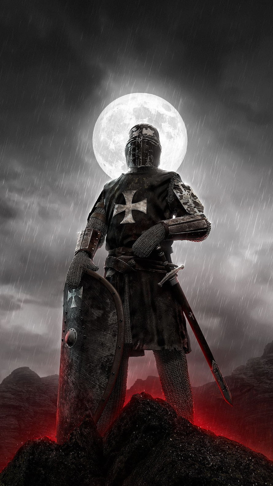 Medieval Knight in Full Plate Armor Standing on Rocky Outcrop Under Full Moon HD phone wallpaper