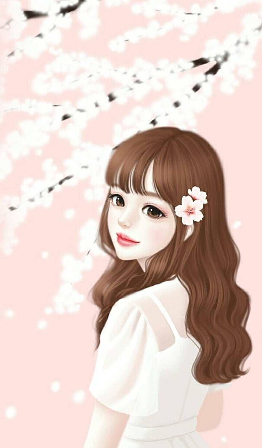 Cute Anime Girl With Brown Hair And Cherry Blossoms In White Dress HD phone wallpaper