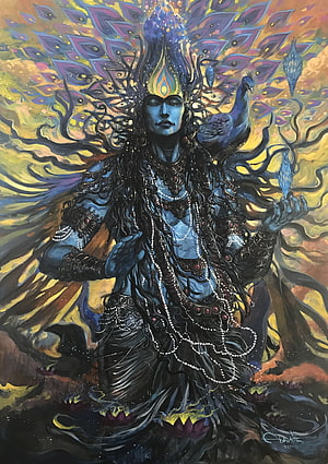 Lord Shiva with Peacock and Trishula in Vibrant Cosmic Artwork HD phone wallpaper