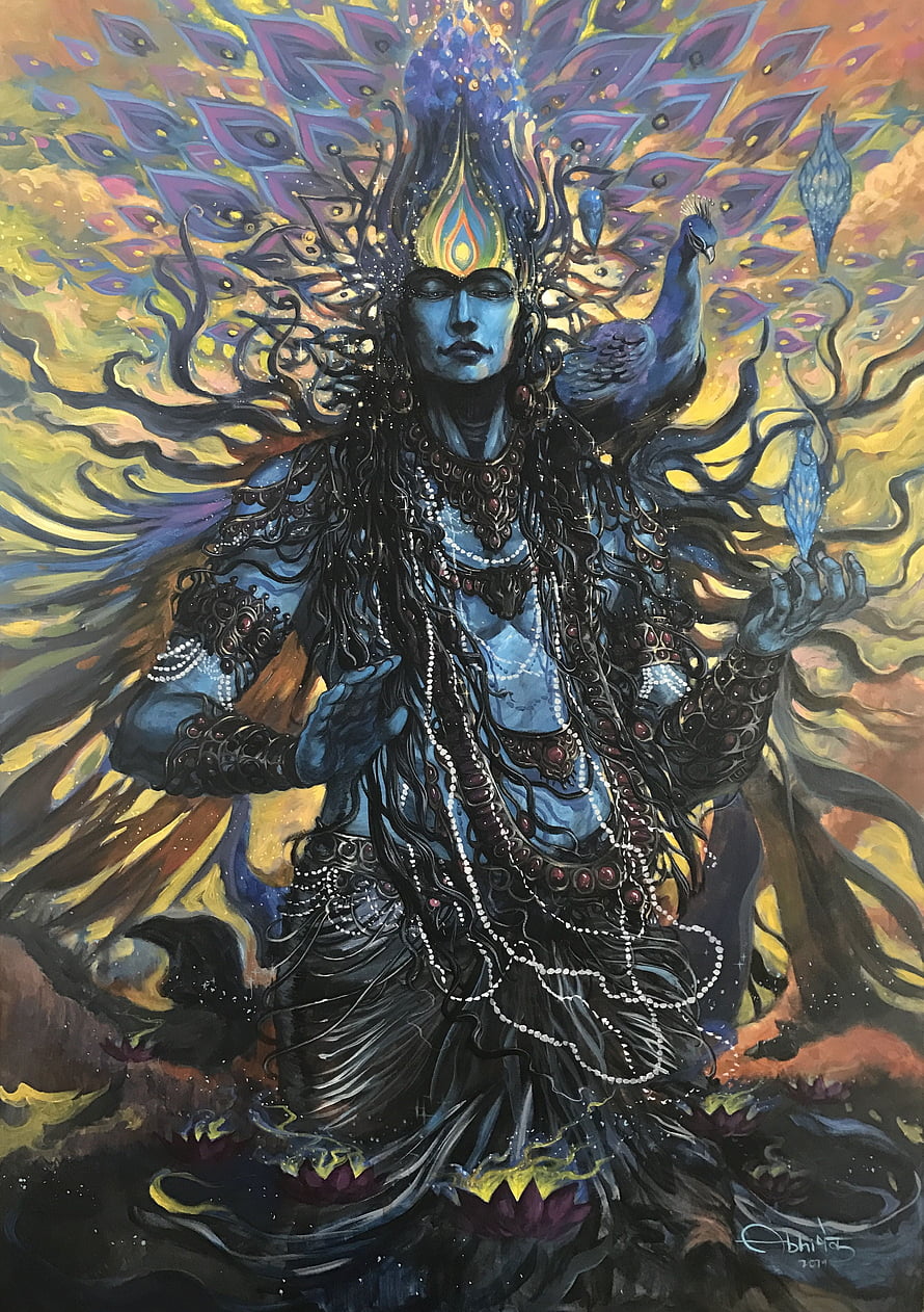 Lord Shiva with Peacock and Trishula in Vibrant Cosmic Artwork HD phone wallpaper