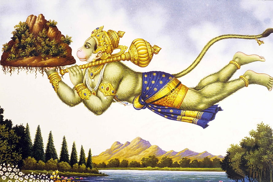 Hanuman Carrying the Dronagiri Mountain in Traditional Indian Mythological Art, Flying Hanuman, Hanuman Flying HD wallpaper