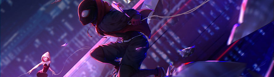 Miles Morales and Gwen Stacy in a Neon-Lit Cityscape from Spider-Verse HD wallpaper