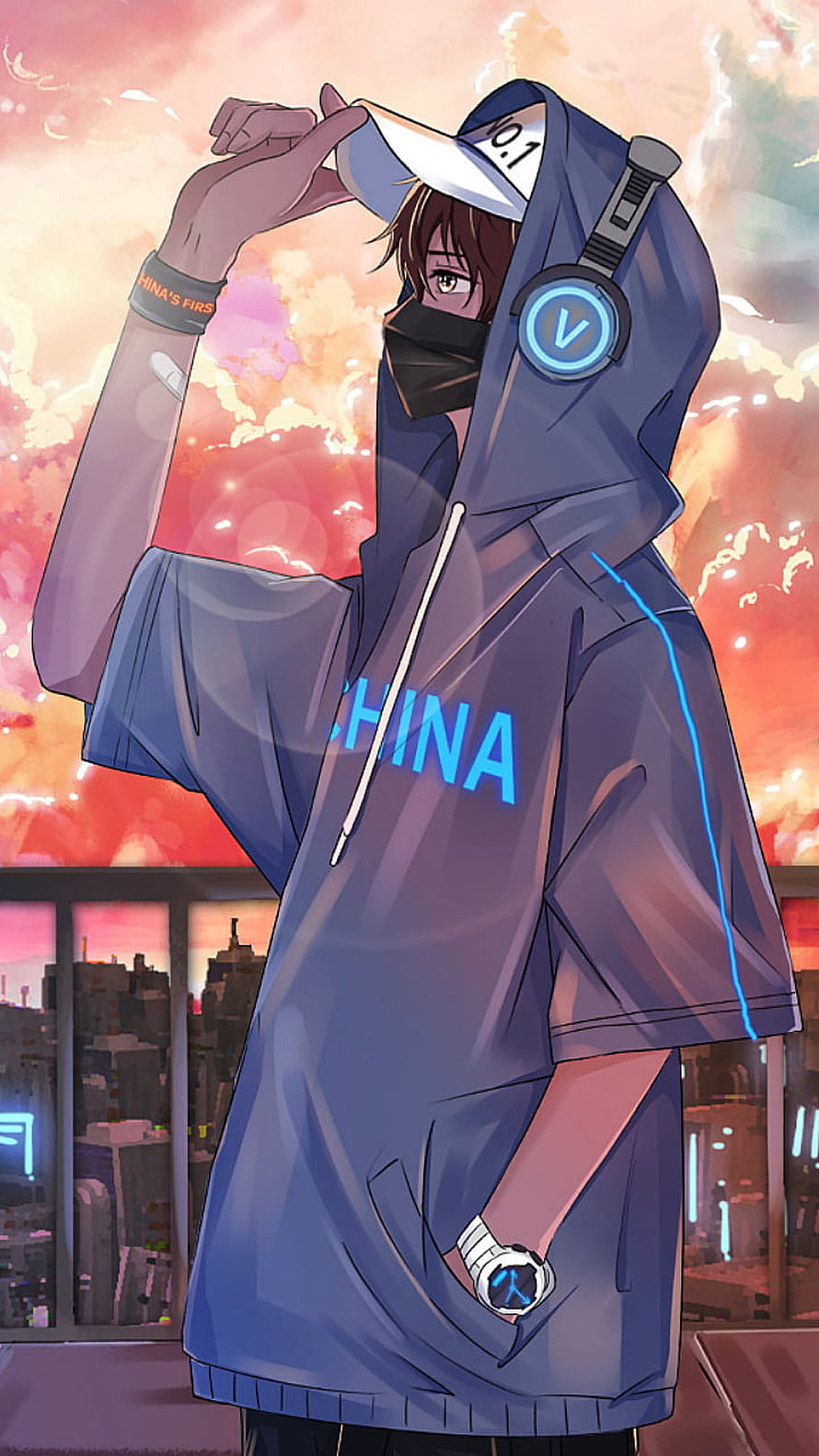 Anime Boy In Blue Hoodie With Headphones And Mask Against Sunset City Skyline HD phone wallpaper