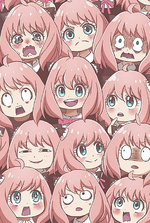 Anya Forger from Spy x Family displaying a variety of cute and funny facial expressions in a grid layout HD phone wallpaper