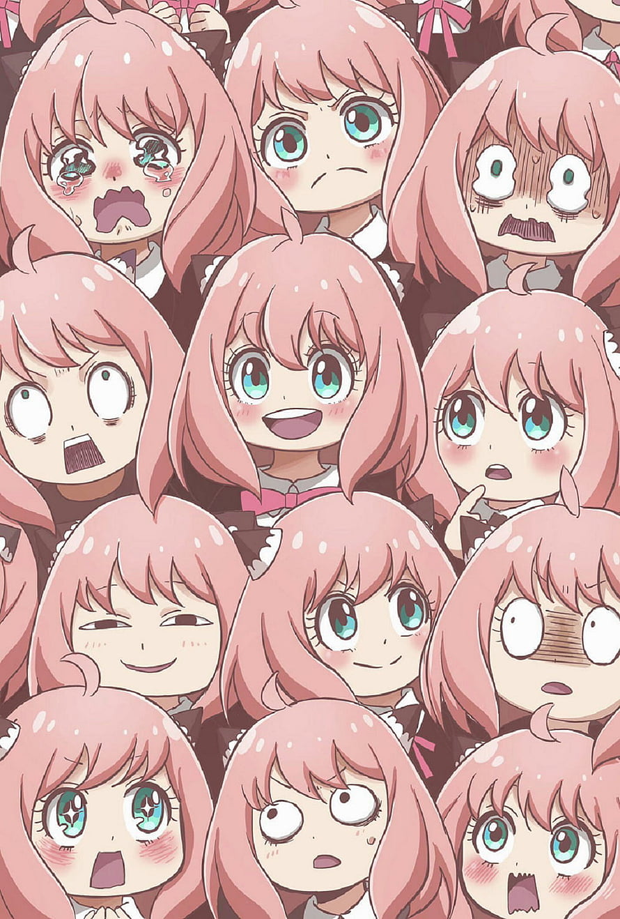 Anya Forger from Spy x Family displaying a variety of cute and funny facial expressions in a grid layout HD phone wallpaper