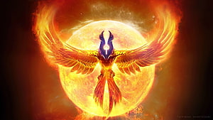 Majestic Phoenix Bird Rising From a Glowing Solar Sphere in Fiery Digital Art HD wallpaper