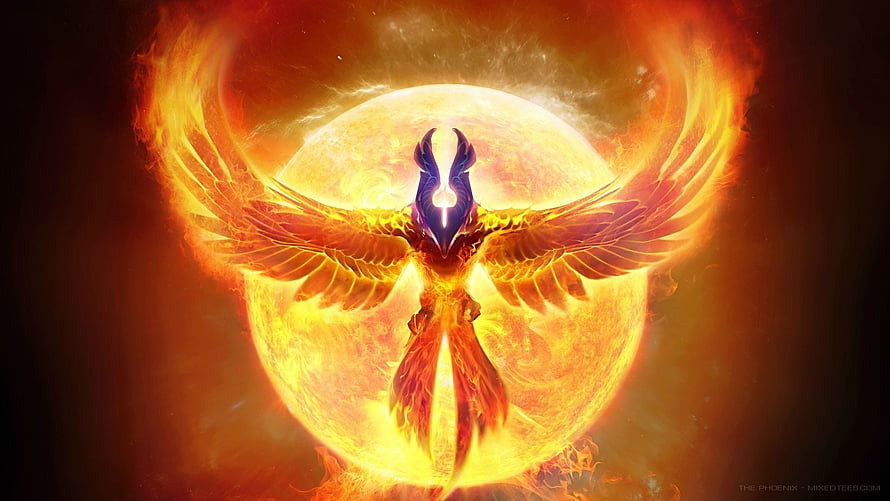 Majestic Phoenix Bird Rising From a Glowing Solar Sphere in Fiery Digital Art HD wallpaper