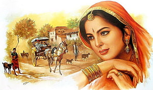 Rajasthani Woman Portrait With Horse-Drawn Carriage And Village Life Scene, Indian Woman - Full Rajasthani Paintings - HD wallpaper