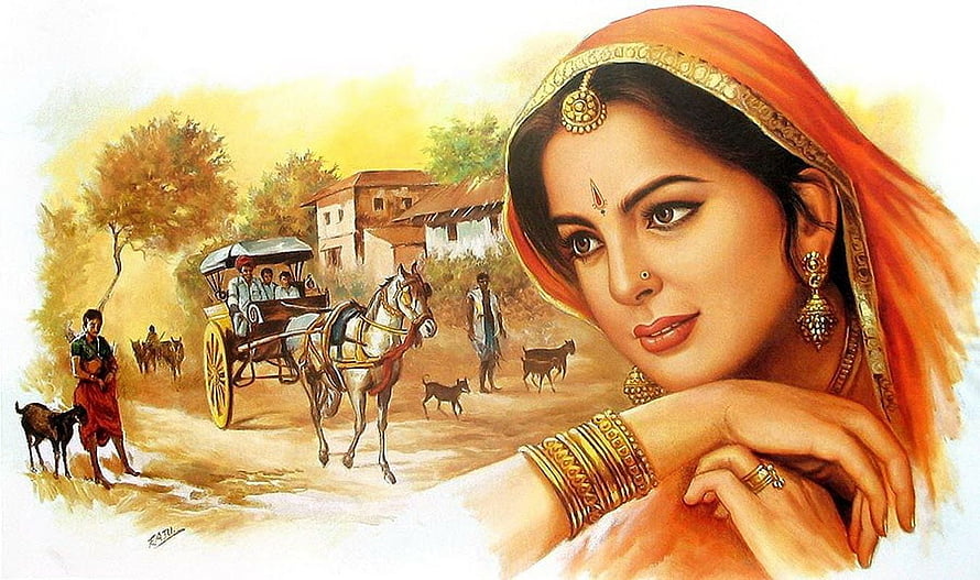 Rajasthani Woman Portrait With Horse-Drawn Carriage And Village Life Scene, Indian Woman - Full Rajasthani Paintings - HD wallpaper