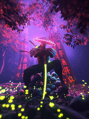 Neon Samurai Warrior Sitting on Skulls in Mystical Forest with Glowing Sword HD phone wallpaper
