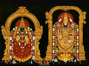 Srinivasa Padmavathi Kalyanam Temple Deity Illustration with Golden Ornamentation HD wallpaper