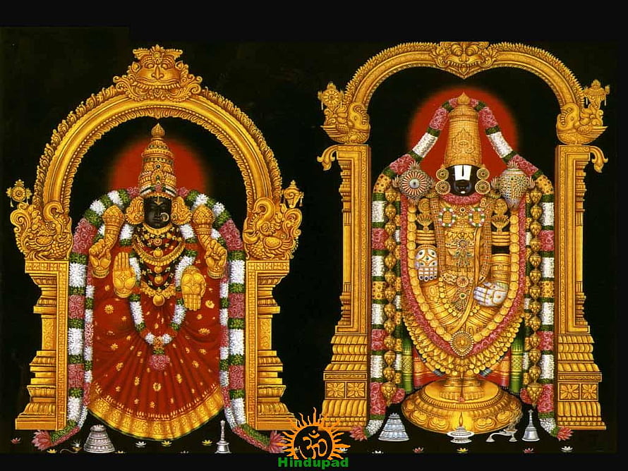 Srinivasa Padmavathi Kalyanam Temple Deity Illustration with Golden Ornamentation HD wallpaper